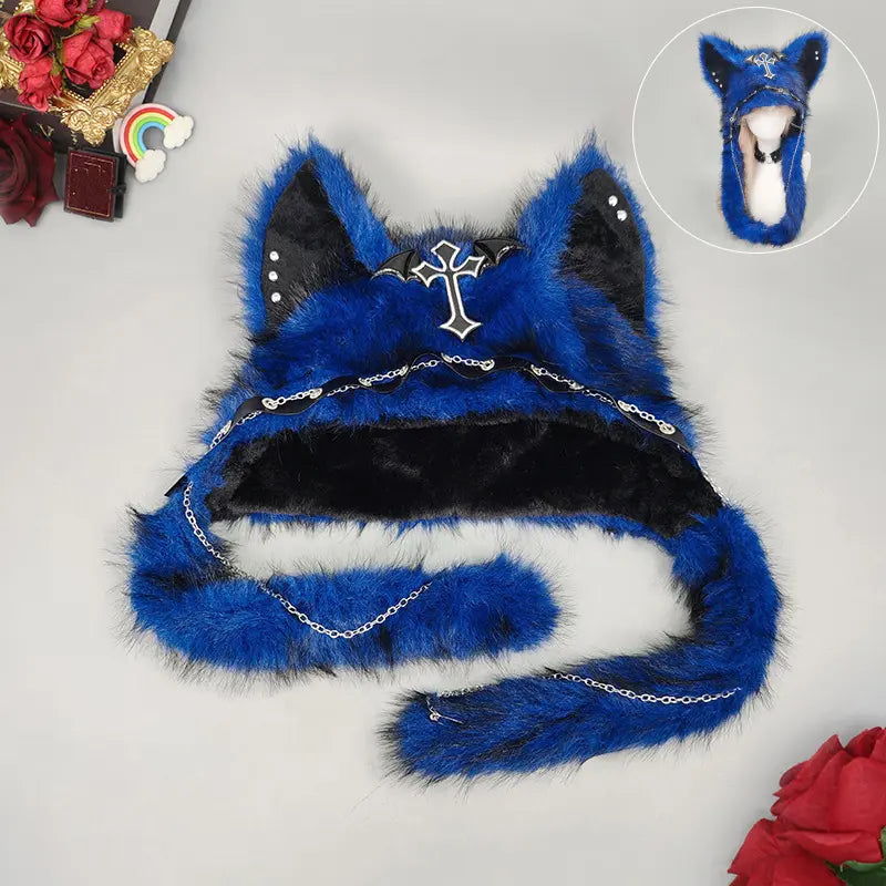 Y2K Gothic Fluffy Wolf Ear Trapper Hat for Punk Winter Cosplay Outfits