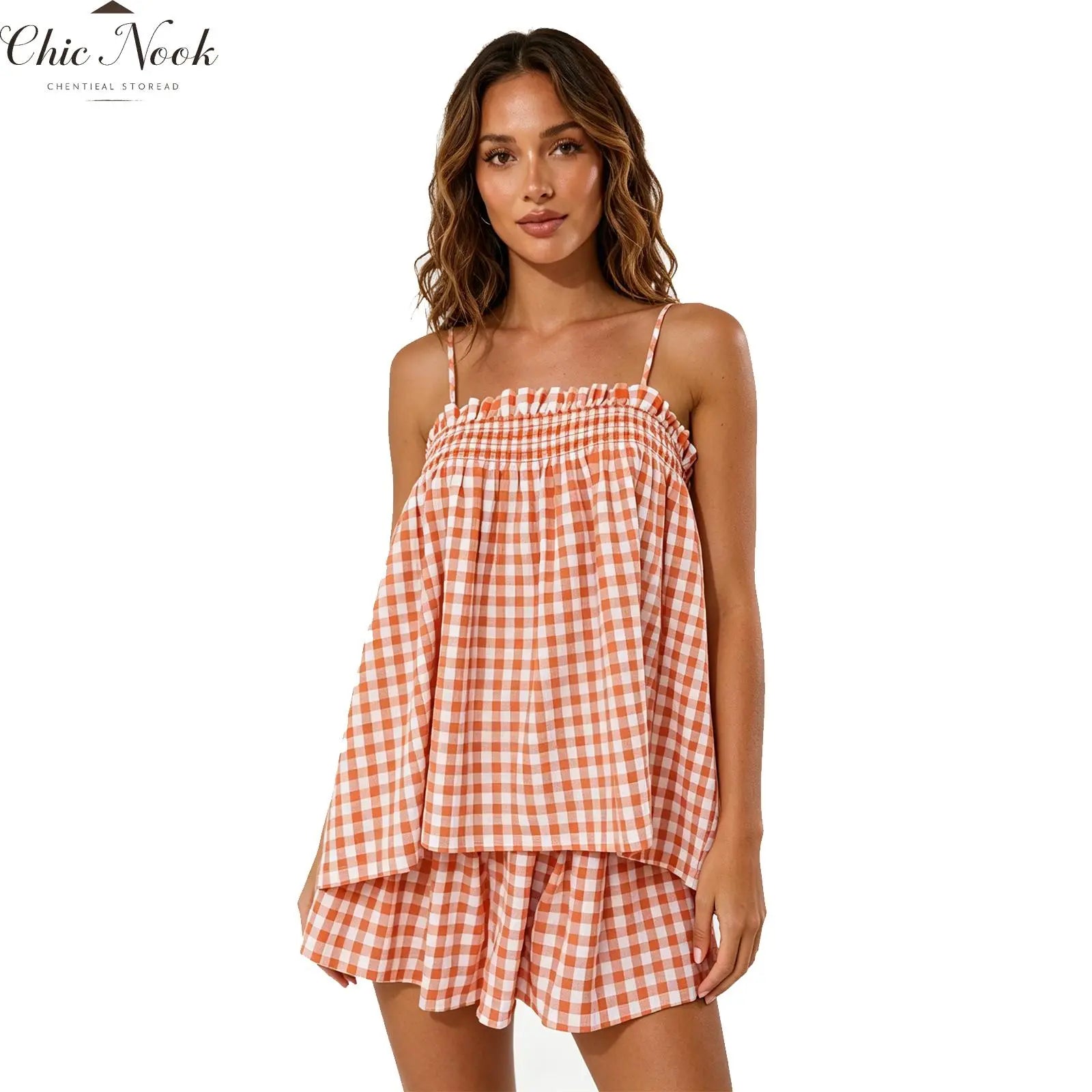 Women's Plaid Gingham Lounge Outfits Ruffle Flowy Tank Tops and  Wide Leg Shorts Sets