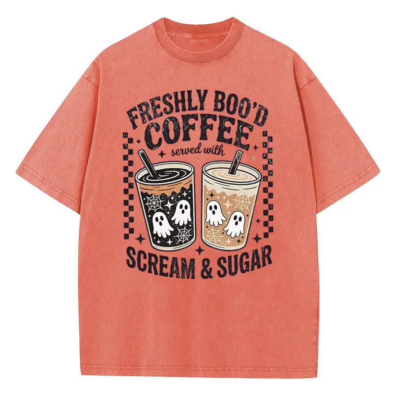 Retro Ghost Coffee Graphic Tee for Halloween Streetwear and Fall Outfits