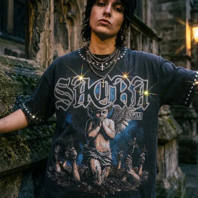 Retro Angel Graphic T-Shirt with Gothic Streetwear Style for Men