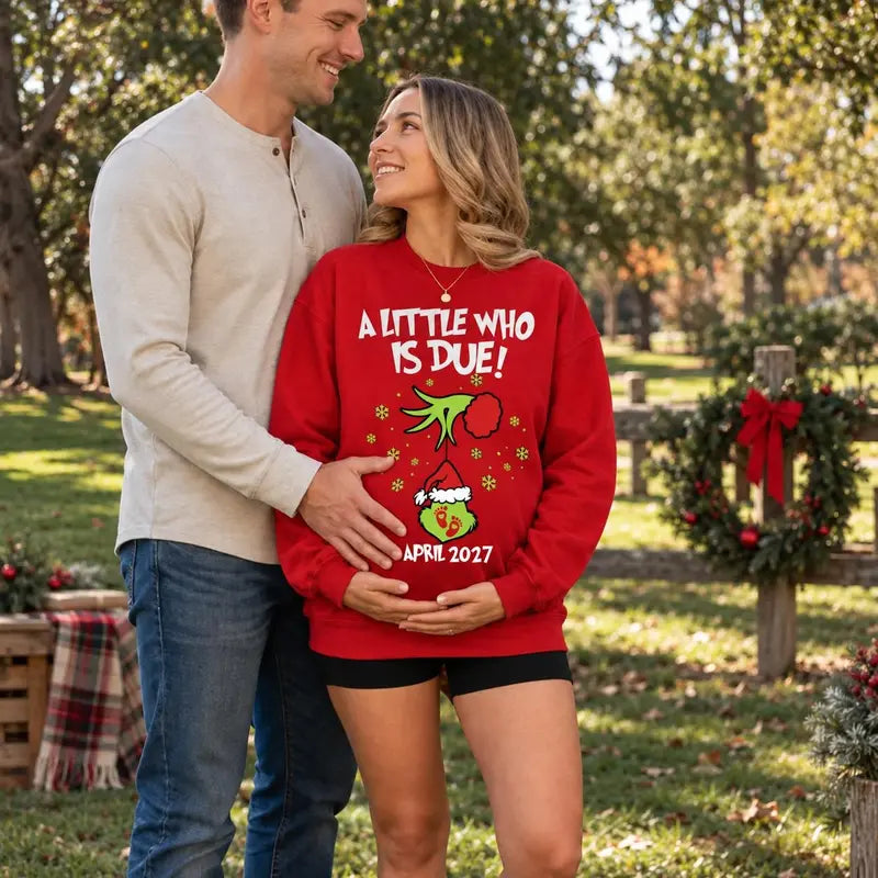 Funny Christmas Pregnancy Announcement Sweatshirt for Moms-To-Be Due May 2027 Reveal