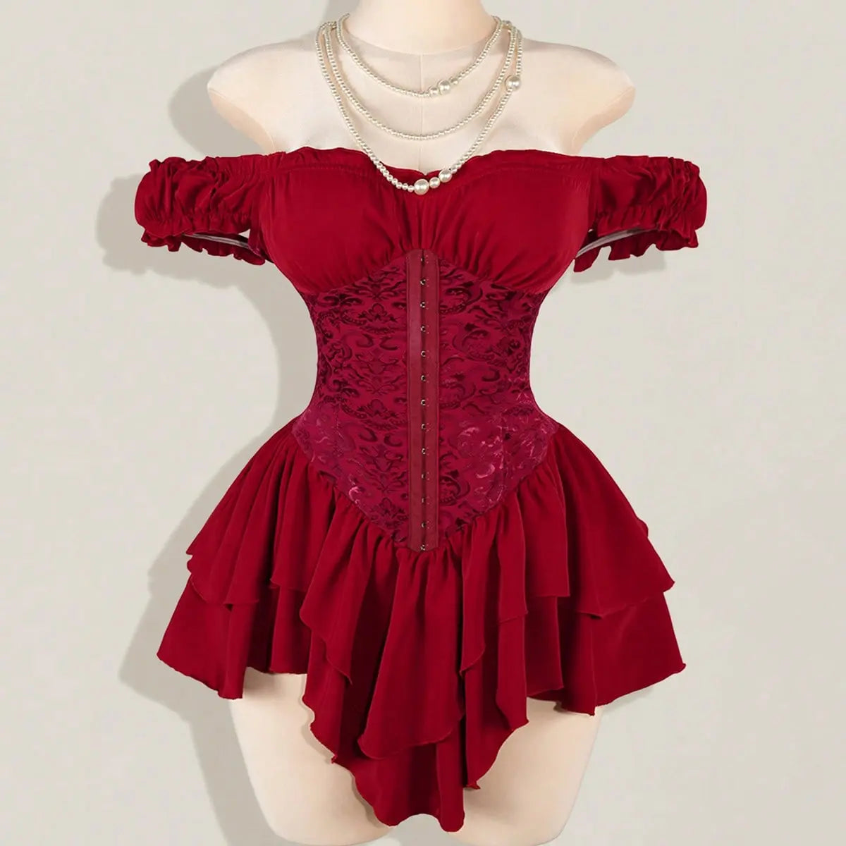 Off-Shoulder Gothic Corset Mini Dress with Ruffle Hem
