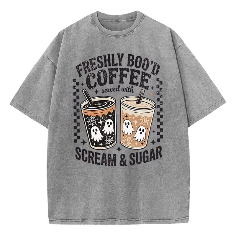 Retro Ghost Coffee Graphic Tee for Halloween Streetwear and Fall Outfits