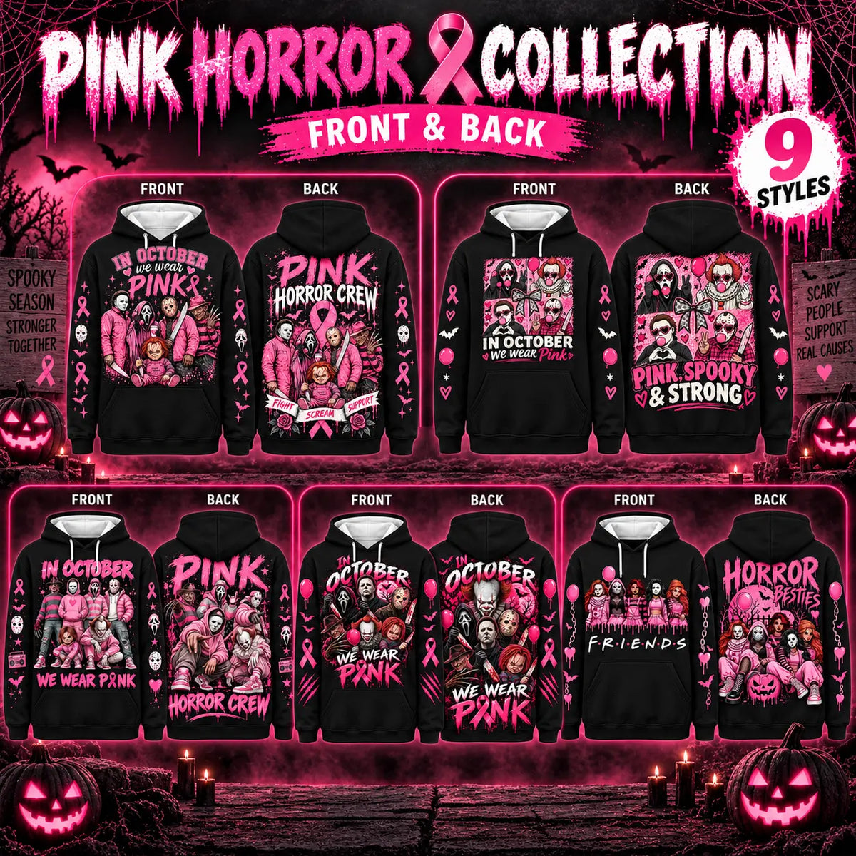 October Awareness Ribbon Horror Hoodie for Spooky Season Support and Fall Outfits