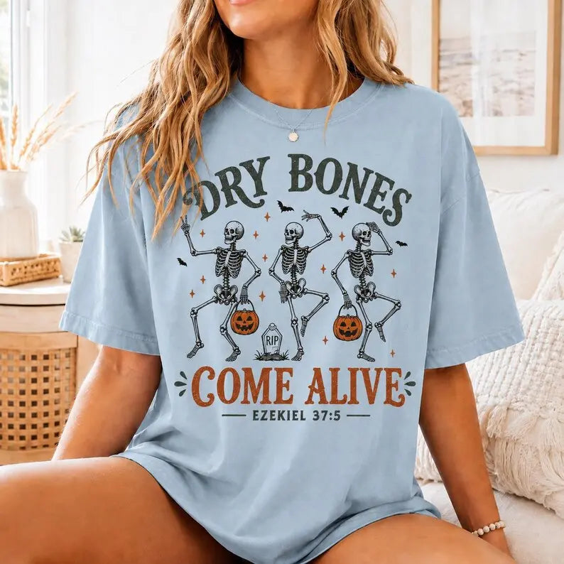 Christian Dry Bones Halloween Graphic Tee for Faith Based Fall Outfits