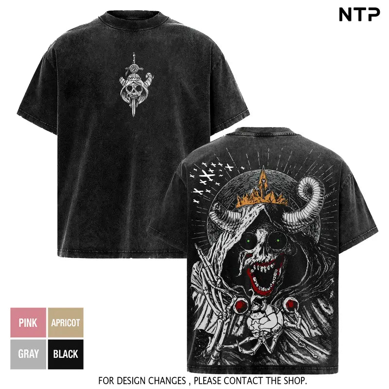 Dark Fantasy Skull King Washed Oversized Graphic T-Shirt