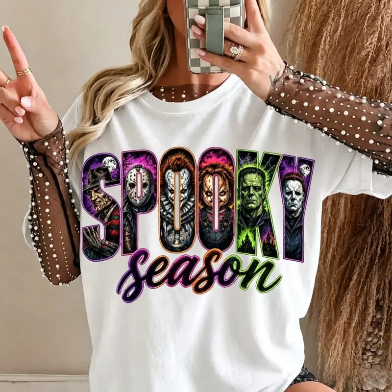 Retro Horror Spooky Season Graphic Tee for Halloween Movie Night Style
