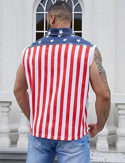 American Flag Sleeveless Denim Vest for Fourth of July Summer Outfits