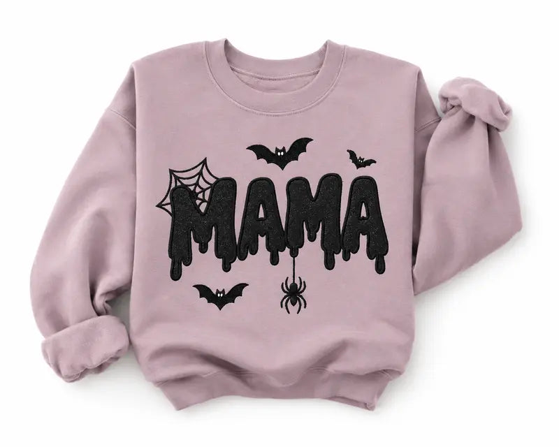Halloween Mama Embroidered Sweatshirt Spooky Seasonal Graphic Pullover for Women