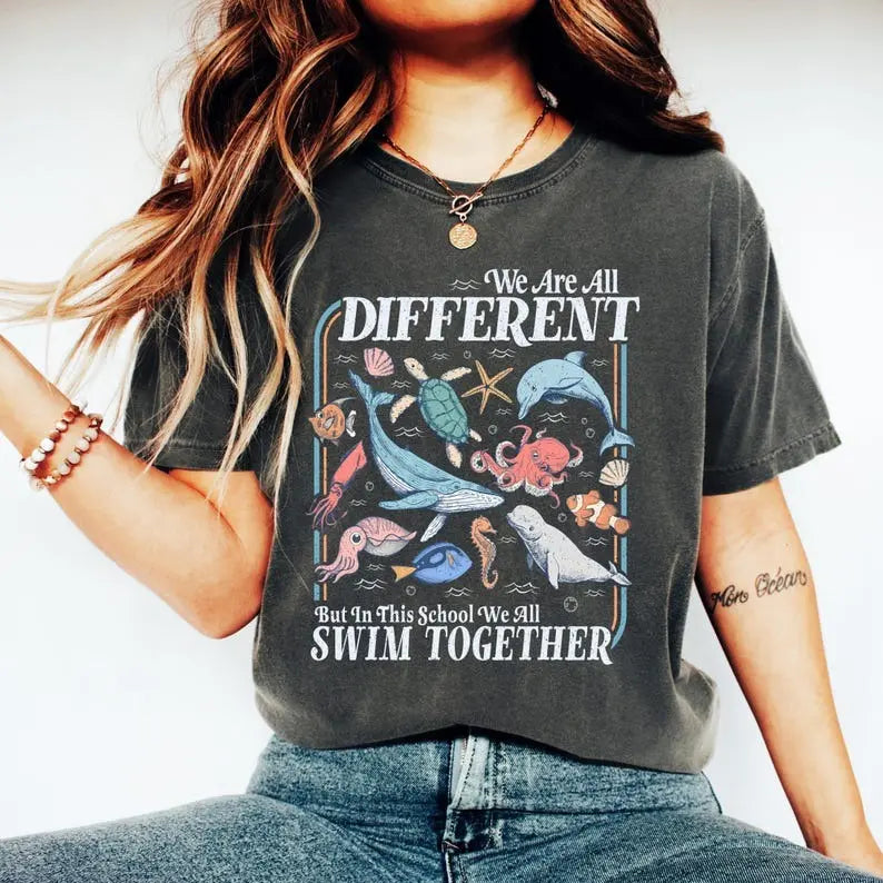"We All Swim Together" Inclusive Ocean Teacher Tee - Vintage Comfort Colors Classroom Apparel