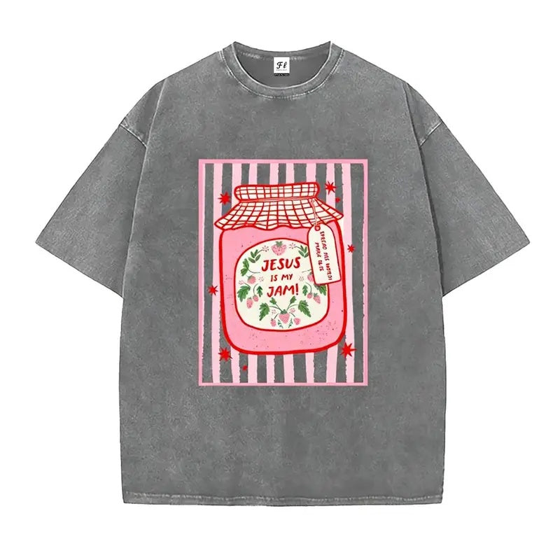 Sweet Faith: The "Jesus Is My Jam" Strawberry Jar Washed Graphic Tee