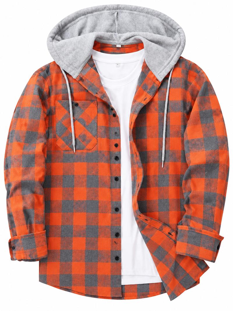 Men's Plus Size Checked Flannel Hooded Long Sleeve Shirt-Jacket - Button Front, Drawstring Hood, Pockets, Soft Casual Style Outerwear for Streetwear, Office Classic Outdoor