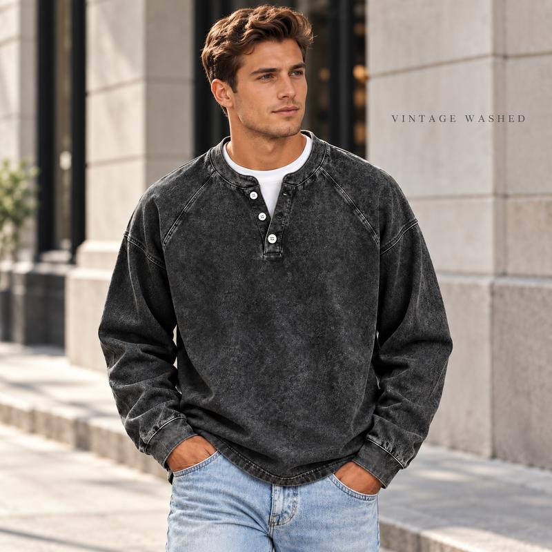 Men's Vintage Washed Henley Shirt with Long Sleeves and Relaxed Fit