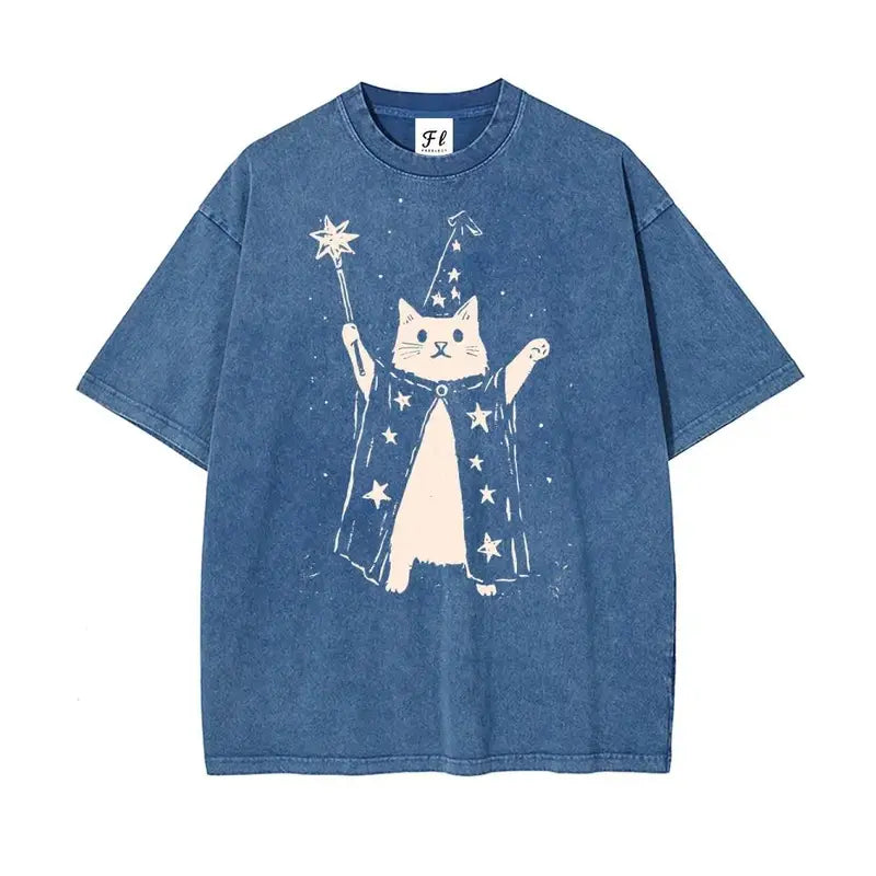 Vintage Wizard Cat Graphic T-Shirt for Magical Streetwear Lovers and Casual Everyday Style