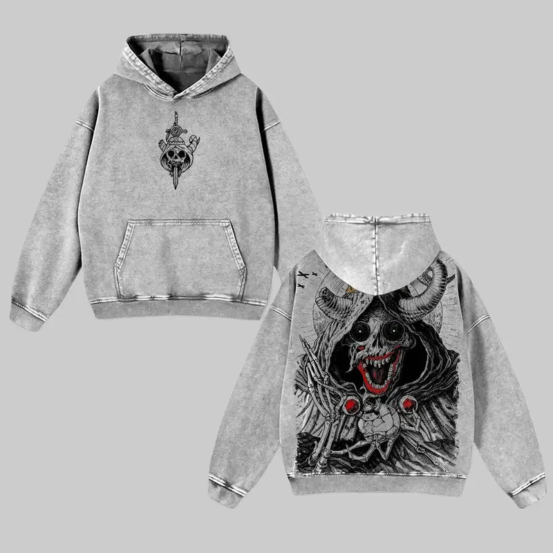 Dark Fantasy Skull King Washed Oversized Graphic T-Shirt