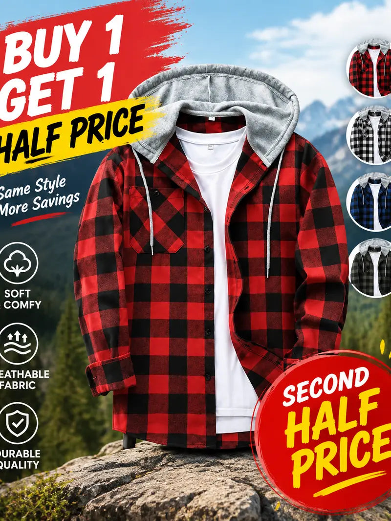 Men's Plus Size Checked Flannel Hooded Long Sleeve Shirt-Jacket - Button Front, Drawstring Hood, Pockets, Soft Casual Style Outerwear for Streetwear, Office Classic Outdoor
