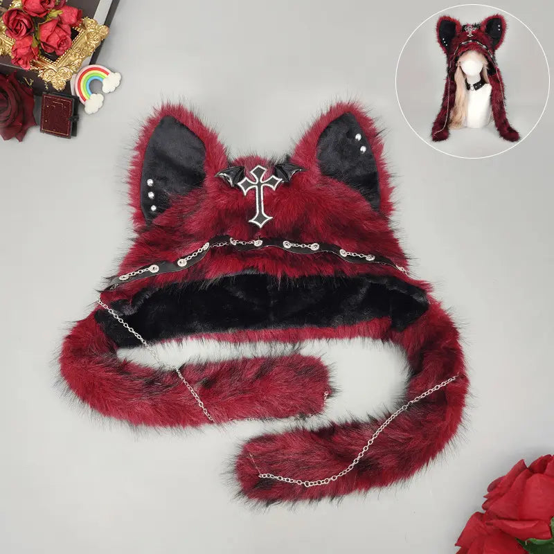 Y2K Gothic Fluffy Wolf Ear Trapper Hat for Punk Winter Cosplay Outfits