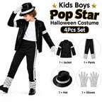 Meihuida Kids Pop Star Halloween Costume Set Black Sequin Jacket Trousers Hat Gloves 80s Retro Stage Outfit for Boys
