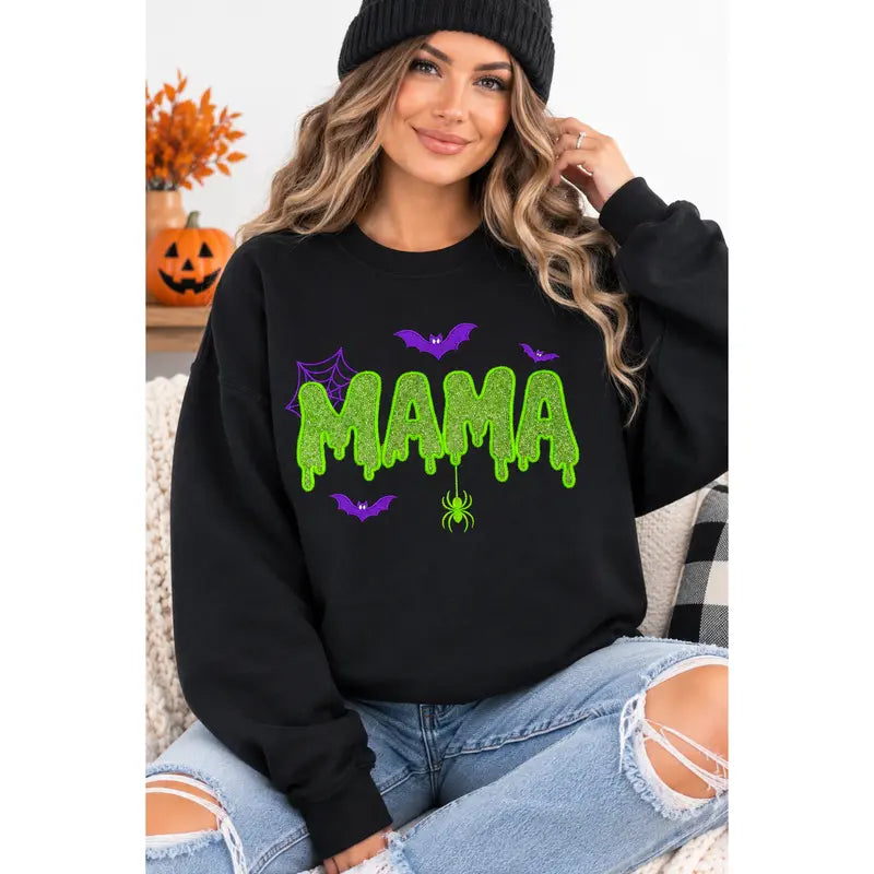 Halloween Mama Embroidered Sweatshirt Spooky Seasonal Graphic Pullover for Women