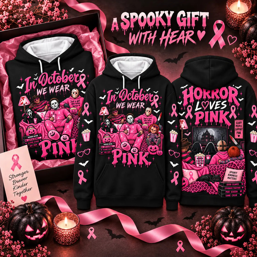 October Awareness Ribbon Horror Hoodie for Spooky Season Support and Fall Outfits