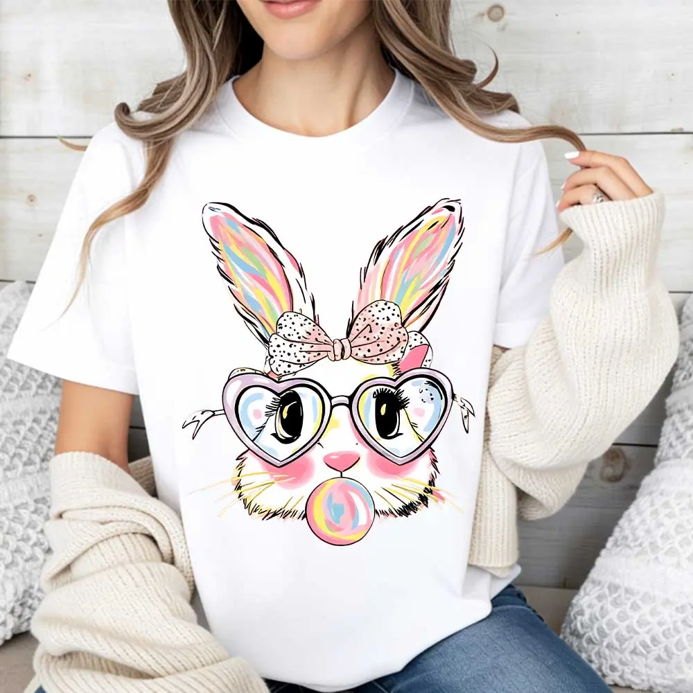 Sassy Pink Bubblegum Bunny Easter Tee - Whimsical Heart-Glasses Spring Holiday Graphic T-Shirt