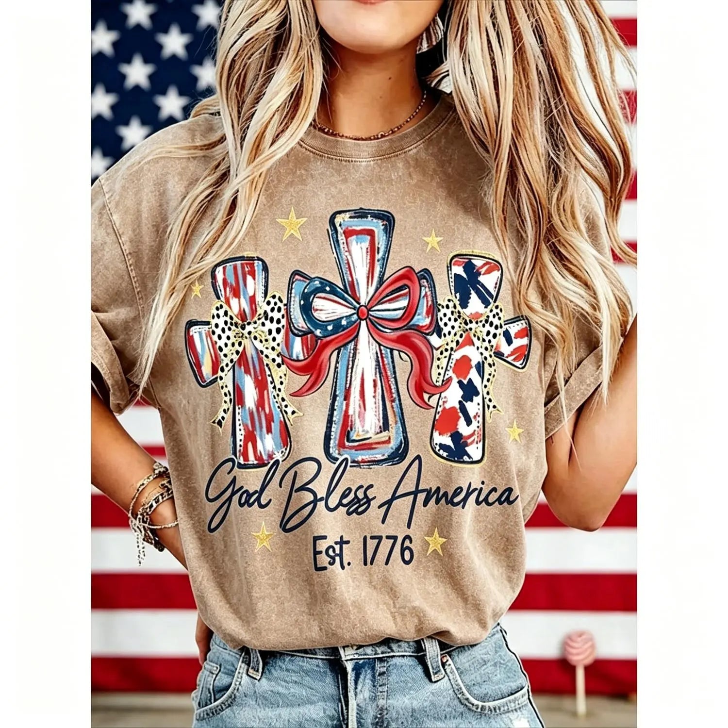 Patriot Heritage: Vintage USA 250th Anniversary "God Bless America" Washed Tee