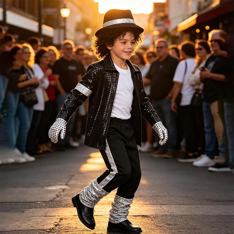 Meihuida Kids Pop Star Halloween Costume Set Black Sequin Jacket Trousers Hat Gloves 80s Retro Stage Outfit for Boys