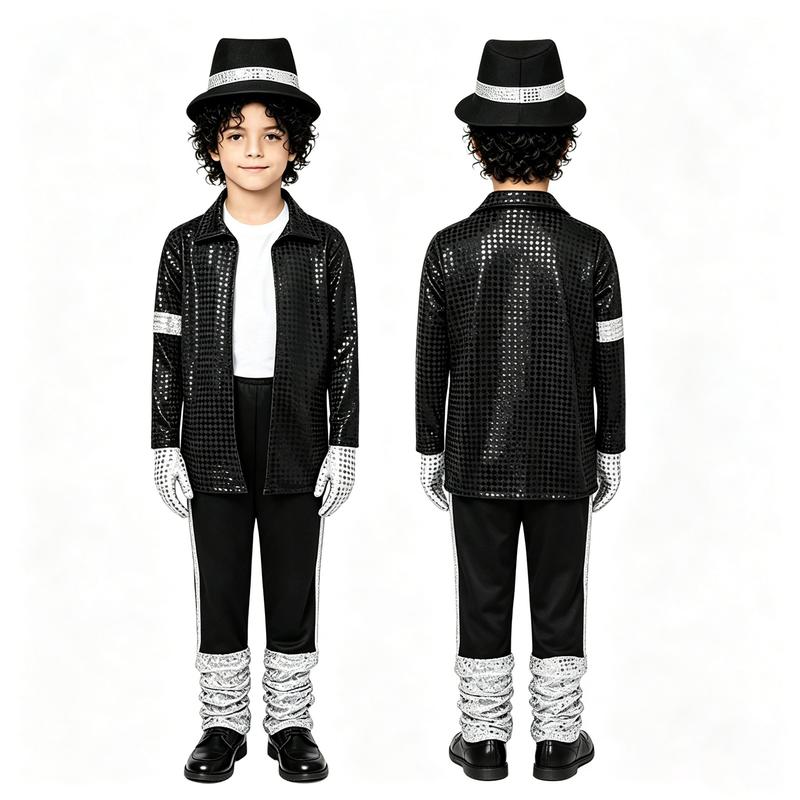 Meihuida Kids Pop Star Halloween Costume Set Black Sequin Jacket Trousers Hat Gloves 80s Retro Stage Outfit for Boys