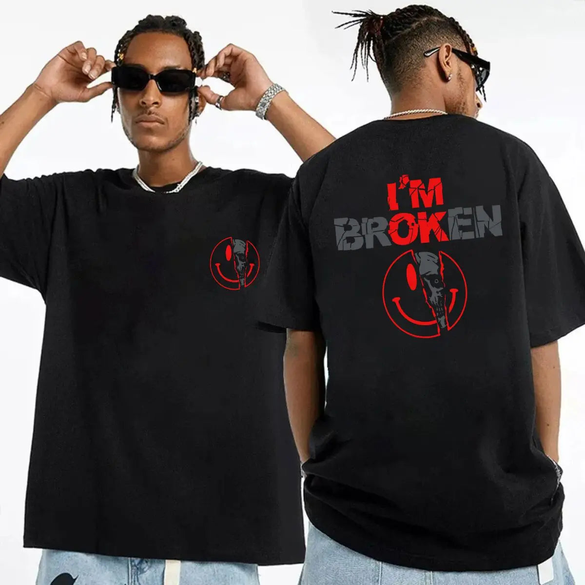 "I'M BROKEN" Distressed Smiley Face Graphic Tee - Edgy Grunge Aesthetic Streetwear Shirt