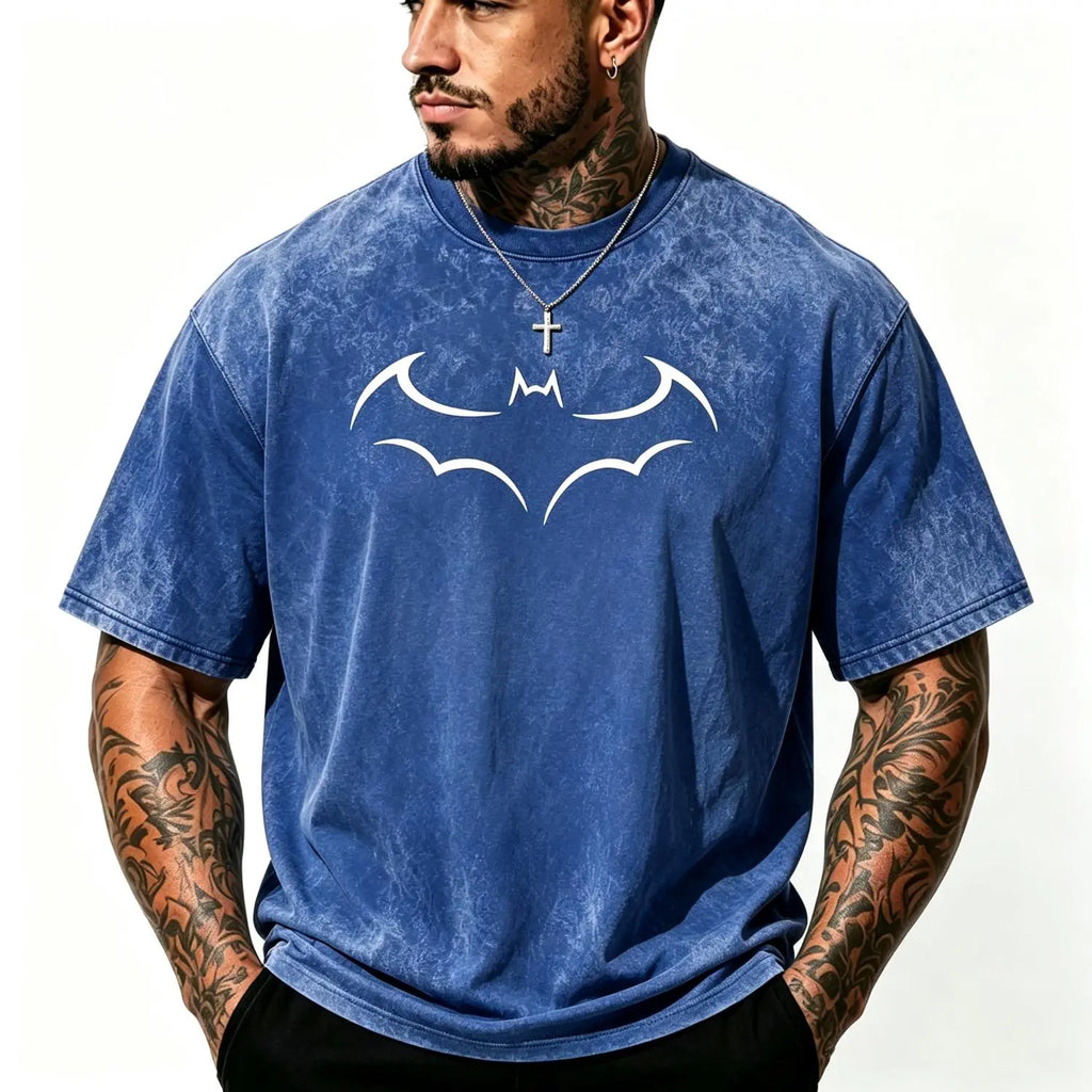 Gotham Vigilante: Minimalist Bat Outline Graphic Loose Cotton Tee
