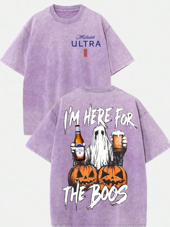 Vintage Ghost Halloween Graphic Tee with Spooky Party Humor Streetwear Style