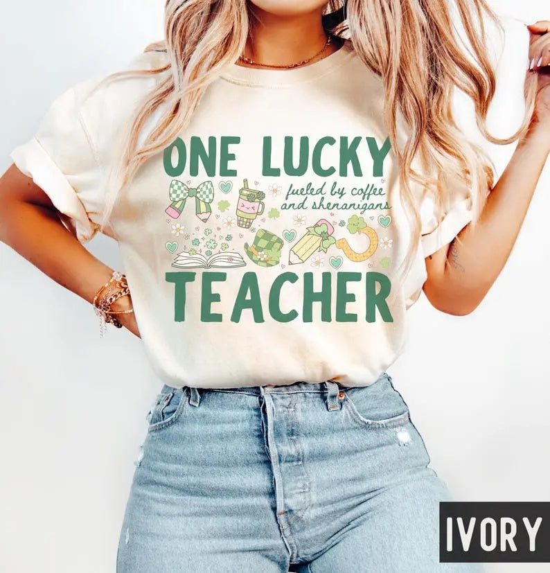 "One Lucky Teacher" Comfort Colors St. Patrick's Day Tee - Retro Coffee & Shenanigans Graphic Shirt