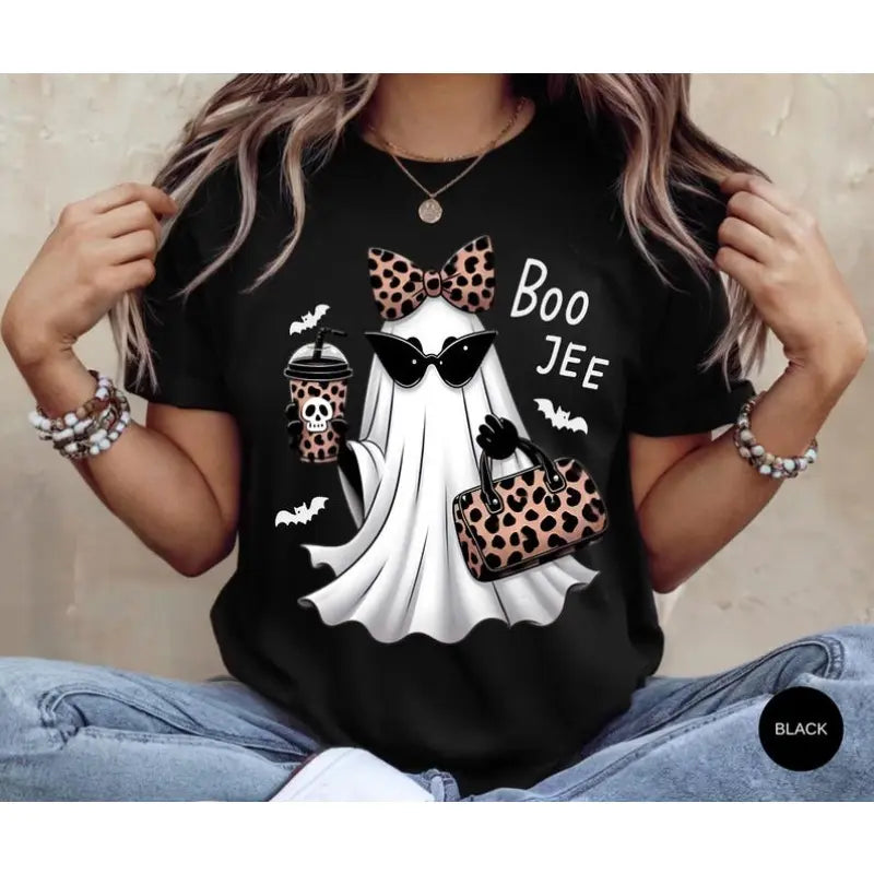 Boo Jee Ghost Graphic Tee with Coffee Theme for Cute Halloween Streetwear