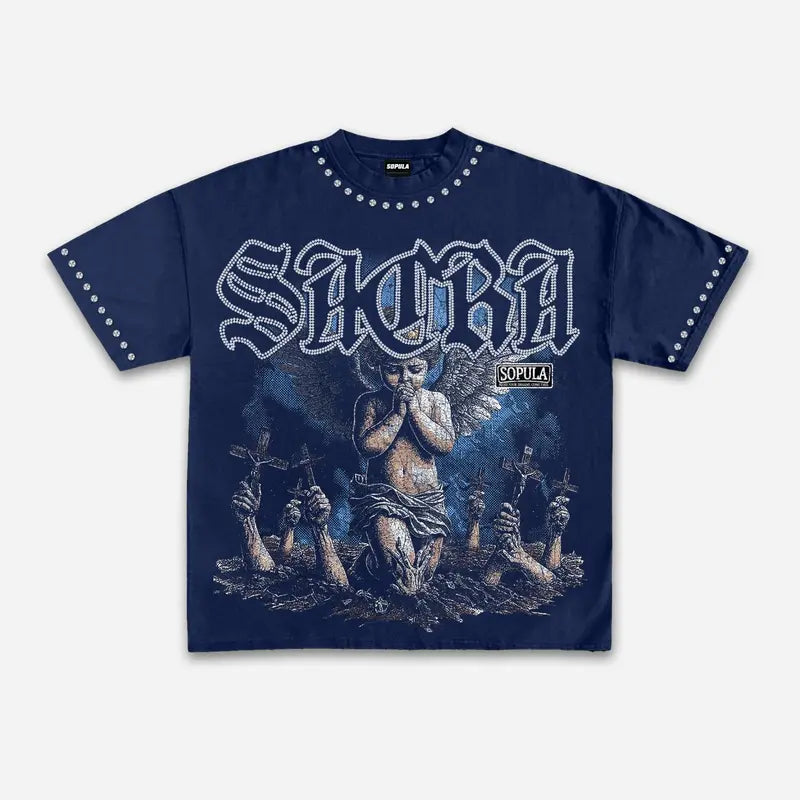 Retro Angel Graphic T-Shirt with Gothic Streetwear Style for Men