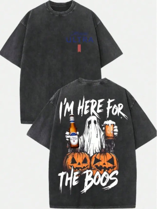 Vintage Ghost Halloween Graphic Tee with Spooky Party Humor Streetwear Style