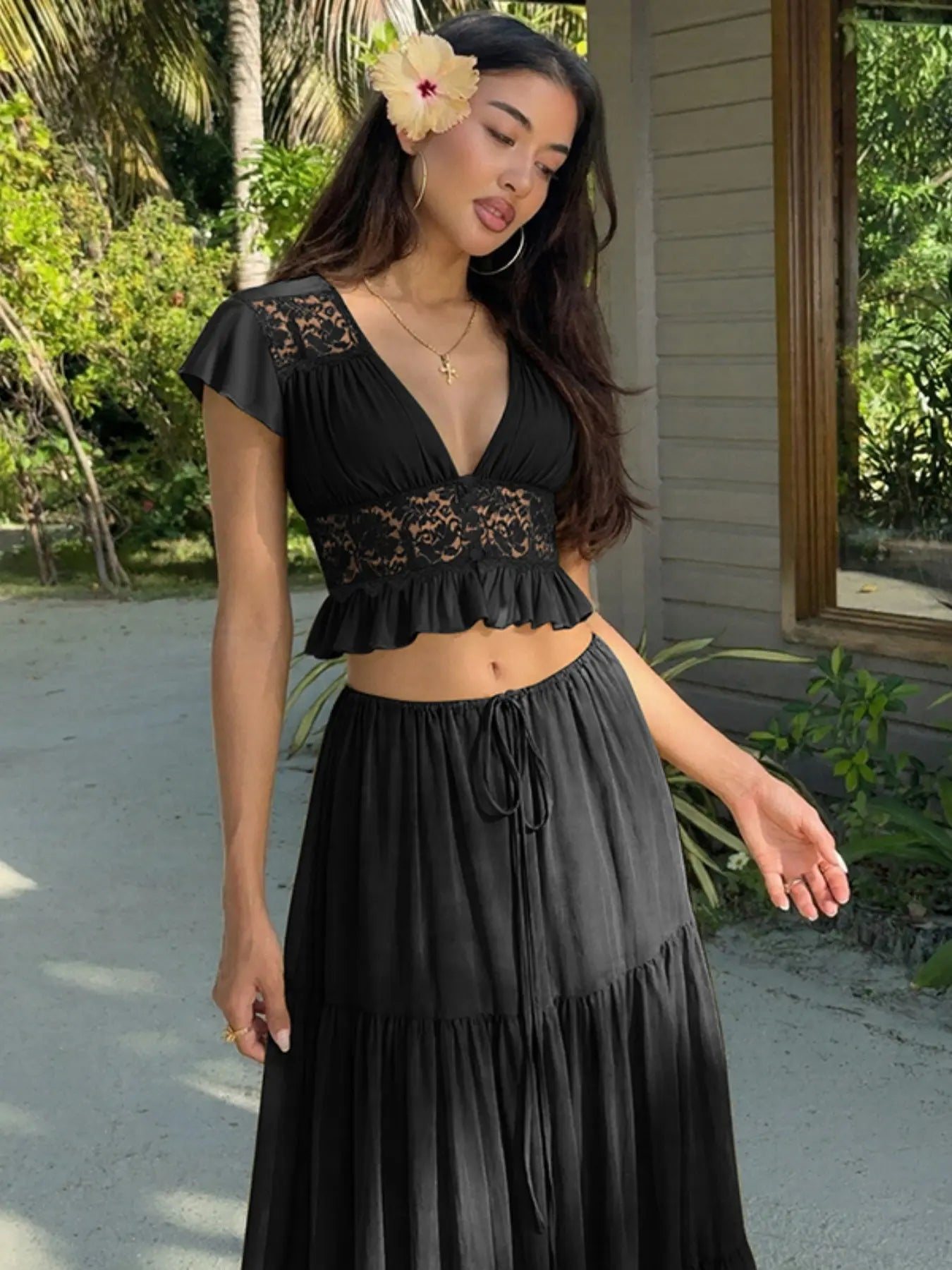 Lace Trim Deep V Crop Top and Tiered Maxi Skirt Two-Piece Set