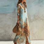 Women's V-Neck Maxi Featuring an Ethnic Printed Color Pattern, Belted Waist, Plussize Curvy Clothing, Lady, Casual Wear