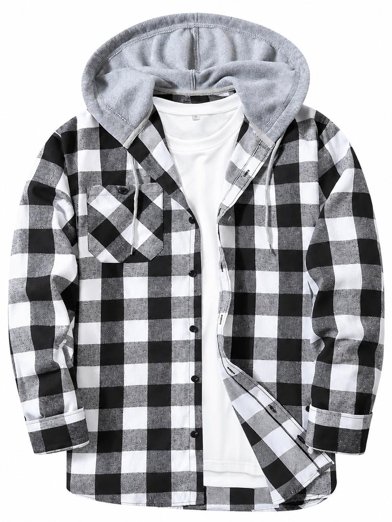 Men's Plus Size Checked Flannel Hooded Long Sleeve Shirt-Jacket - Button Front, Drawstring Hood, Pockets, Soft Casual Style Outerwear for Streetwear, Office Classic Outdoor