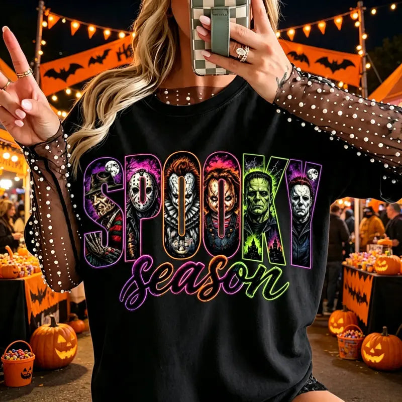 Retro Horror Spooky Season Graphic Tee for Halloween Movie Night Style