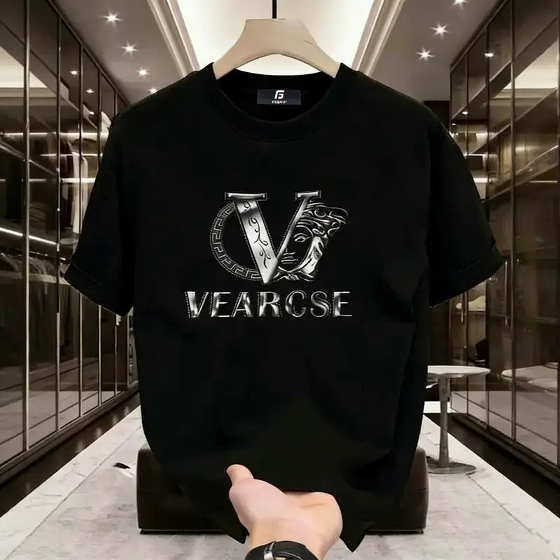 Liquid Chrome Elegance: Modern Baroque "VEARCSE" 3D Chrome Graphic Tee