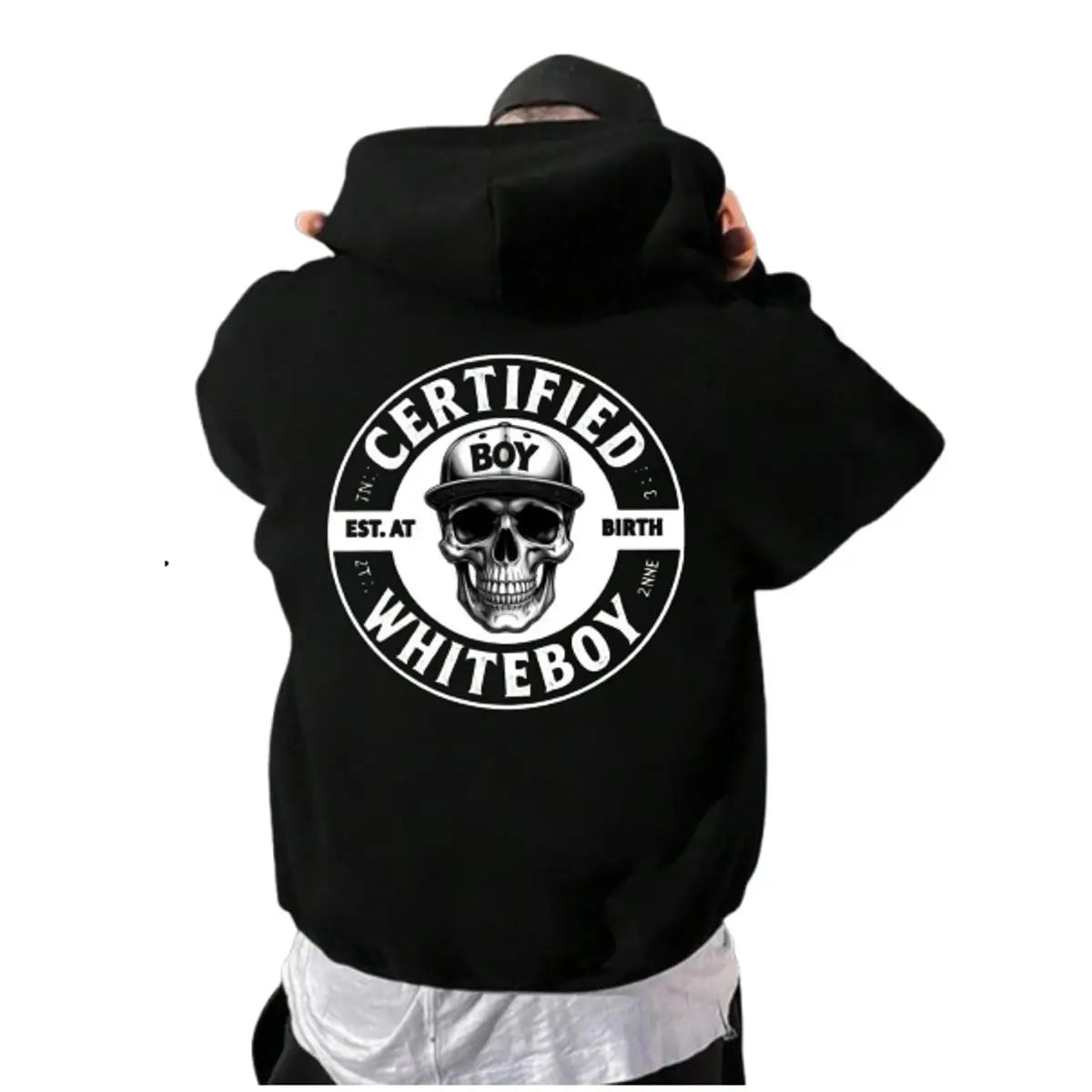MadFits Black Certified Whiteboy Skull Graphic Hoodie Back View
