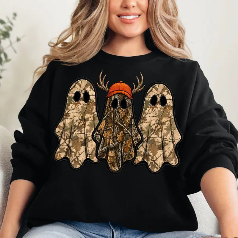 Retro Ghost Hunting Sweatshirt with Spooky Camo Graphic for Halloween Outfits