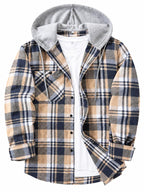Men's Plus Size Checked Flannel Hooded Long Sleeve Shirt-Jacket - Button Front, Drawstring Hood, Pockets, Soft Casual Style Outerwear for Streetwear, Office Classic Outdoor