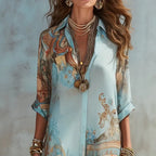 Women's V-Neck Maxi Featuring an Ethnic Printed Color Pattern, Belted Waist, Plussize Curvy Clothing, Lady, Casual Wear