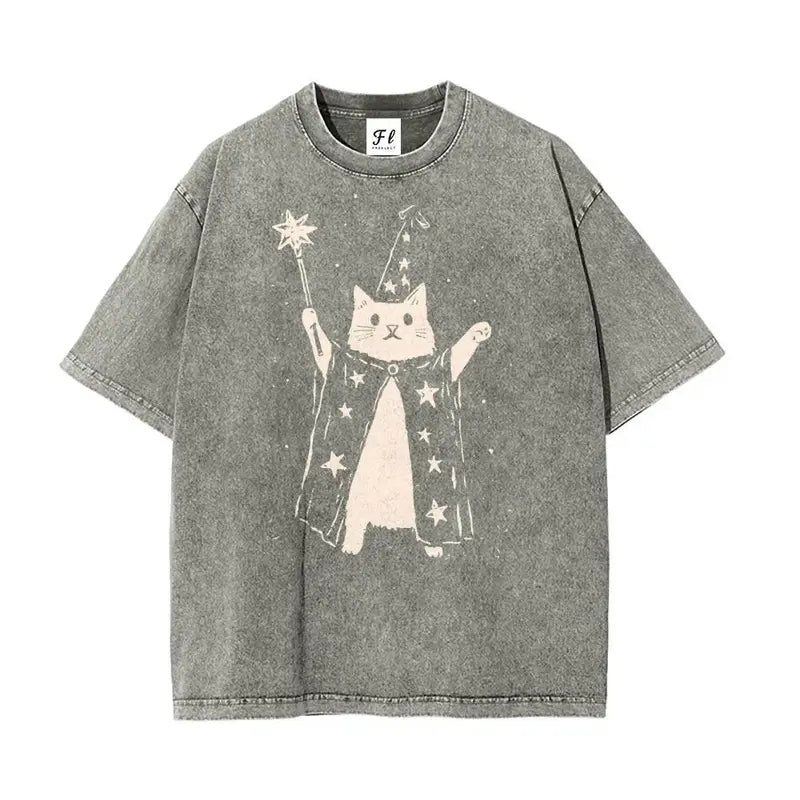 Vintage Wizard Cat Graphic T-Shirt for Magical Streetwear Lovers and Casual Everyday Style