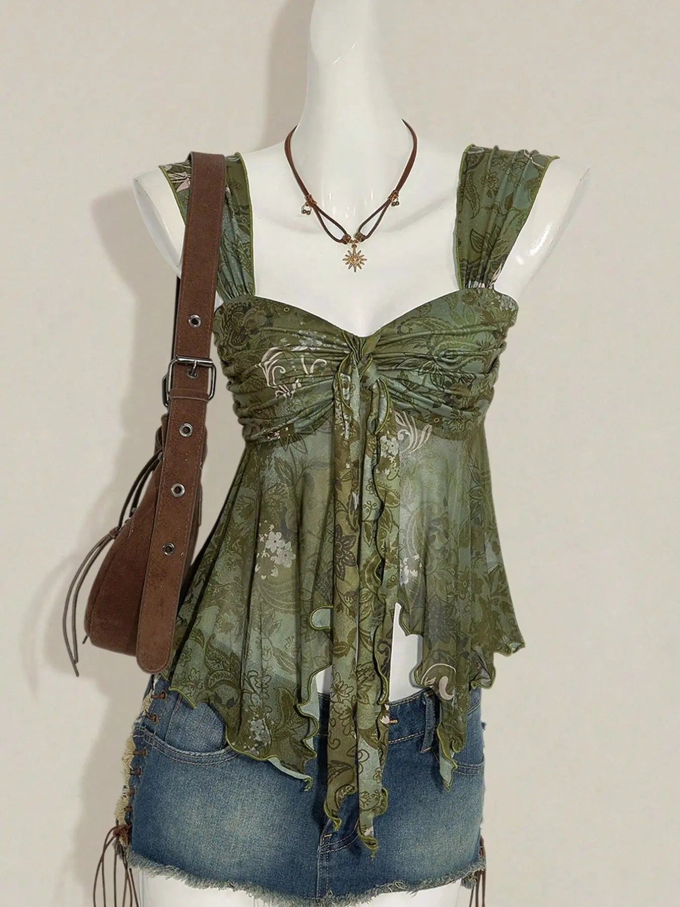 Floral Sheer Mesh Asymmetrical Hem Top for Summer Vacation Style