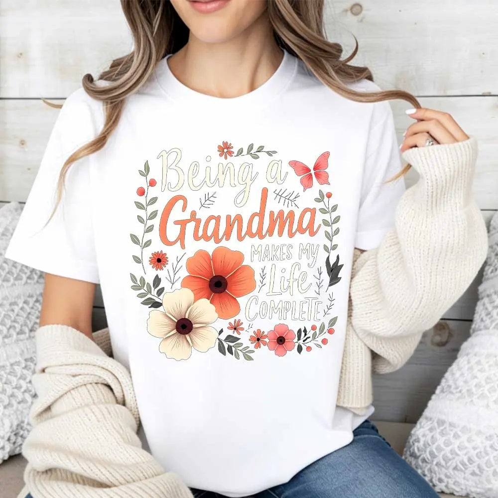 Elegant Floral "Grandma Makes Life Complete" Graphic Tee for Women