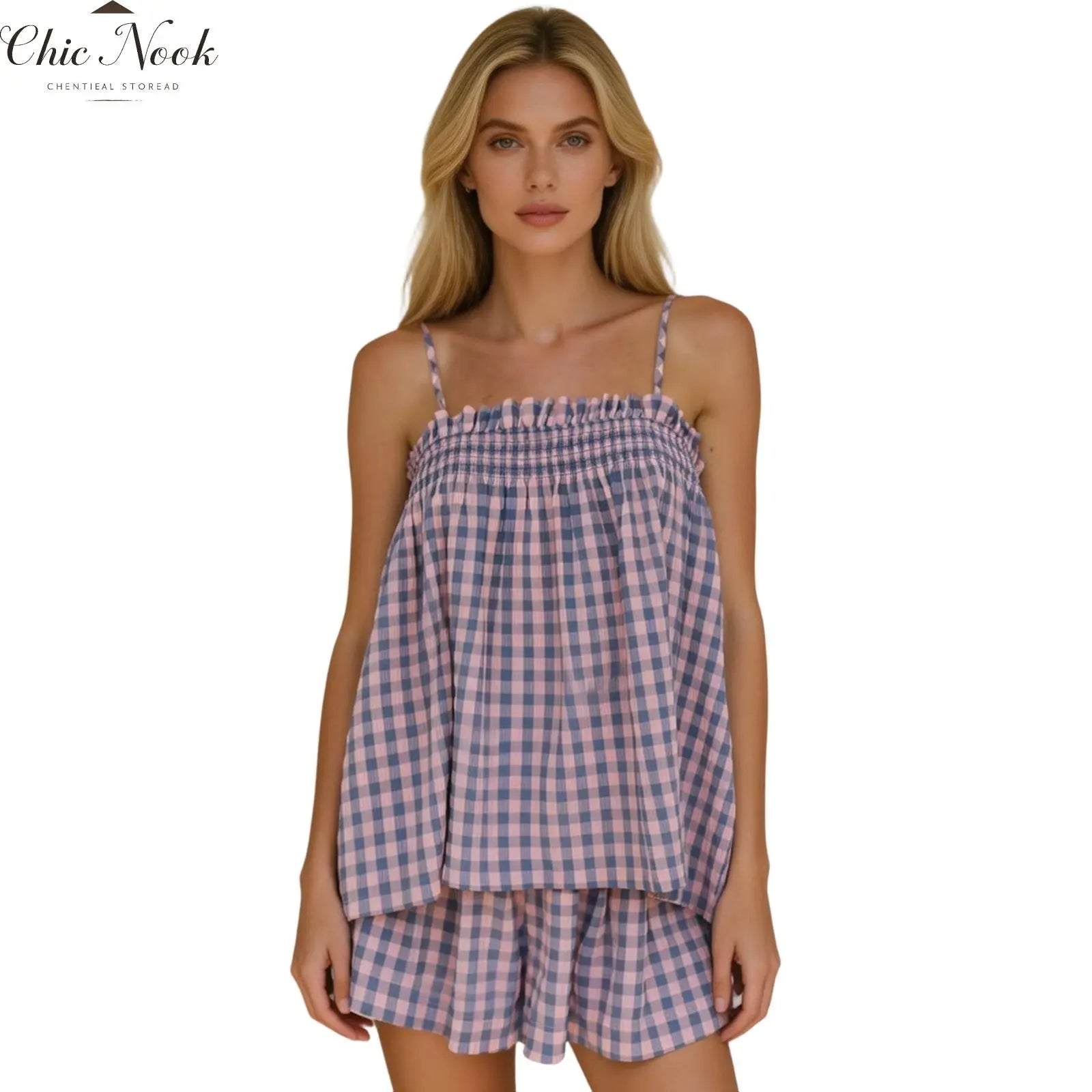 Women's Plaid Gingham Lounge Outfits Ruffle Flowy Tank Tops and  Wide Leg Shorts Sets