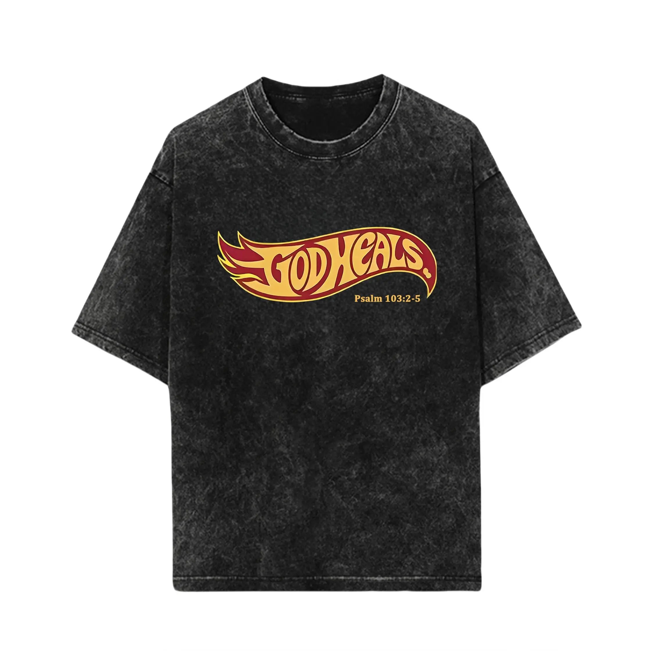 "God Heals" Retro Hot Wheels Style Christian Graphic Tee - Nostalgic Faith-Based Streetwear Shirt