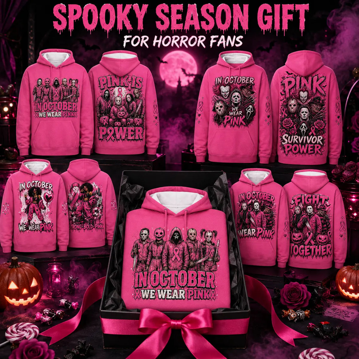 October Awareness Horror Hoodie with Ribbon Graphic for Spooky Season Support